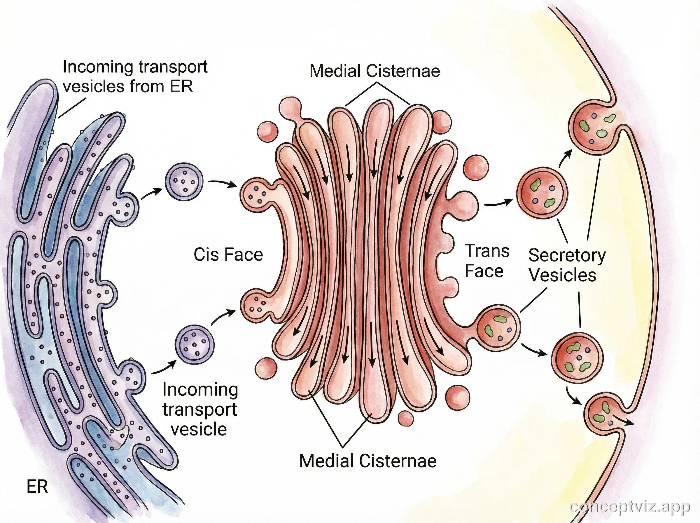 Detailed diagram of the Golgi apparatus showing vesicle trafficking, including incoming transport vesicles from the endoplasmic reticulum at the cis face and outgoing secretory vesicles budding from the trans face. Arrows indicate the direction of protein flow through the cisternae.