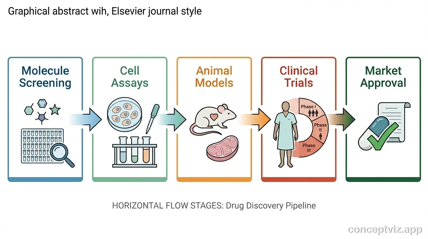 Graphical abstract showing drug discovery pipeline from molecule screening to clinical trials with horizontal flow arrows.