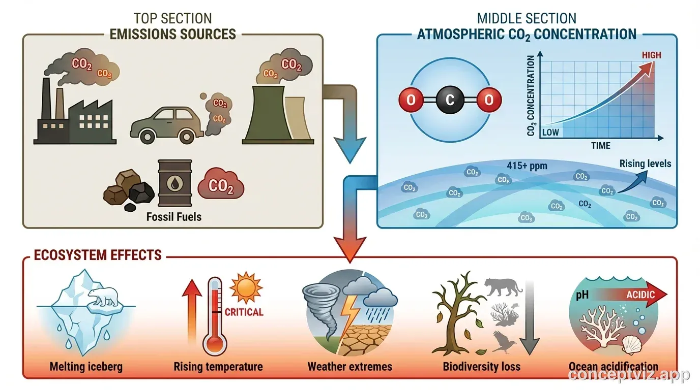Graphical abstract showing climate change impact from emissions to ecosystem effects.