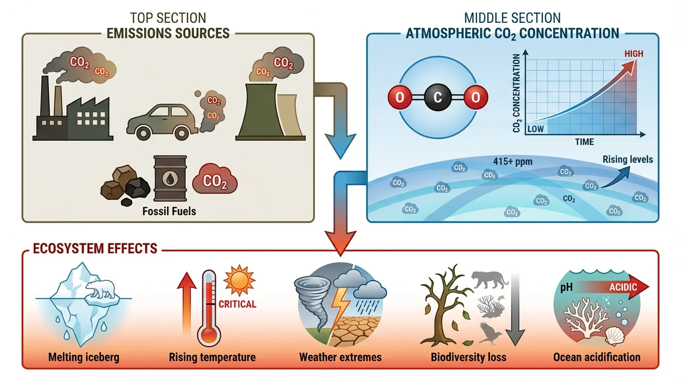 Graphical abstract showing climate change impact from emissions to ecosystem effects.