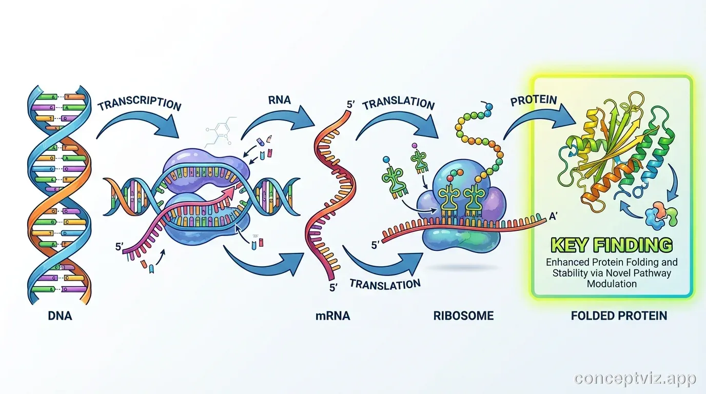 Graphical abstract depicting gene expression from DNA to RNA to protein synthesis.
