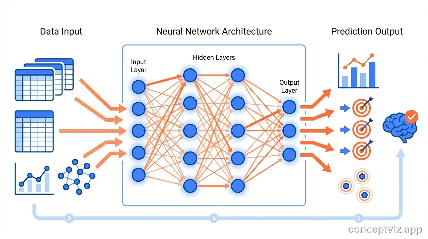 Graphical abstract for machine learning research showing data input, neural network, and prediction output.