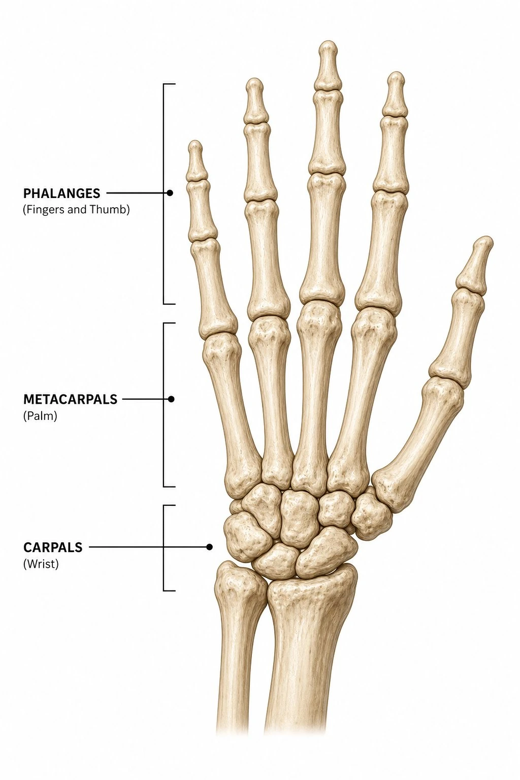 Labeled hand bones from the dorsal back-of-hand view