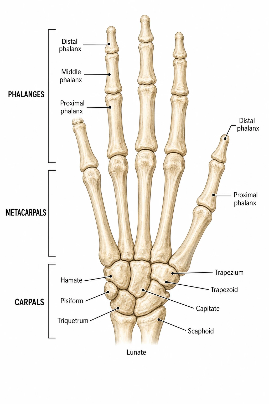 Labeled human hand bones diagram showing carpals metacarpals and phalanges in palm view
