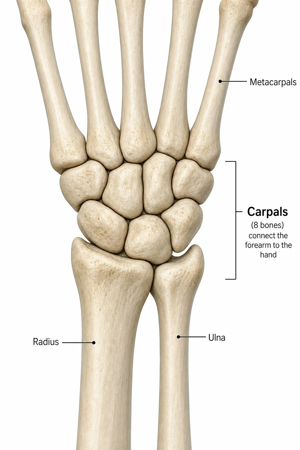 Close-up educational diagram of carpal wrist bones connecting to the hand