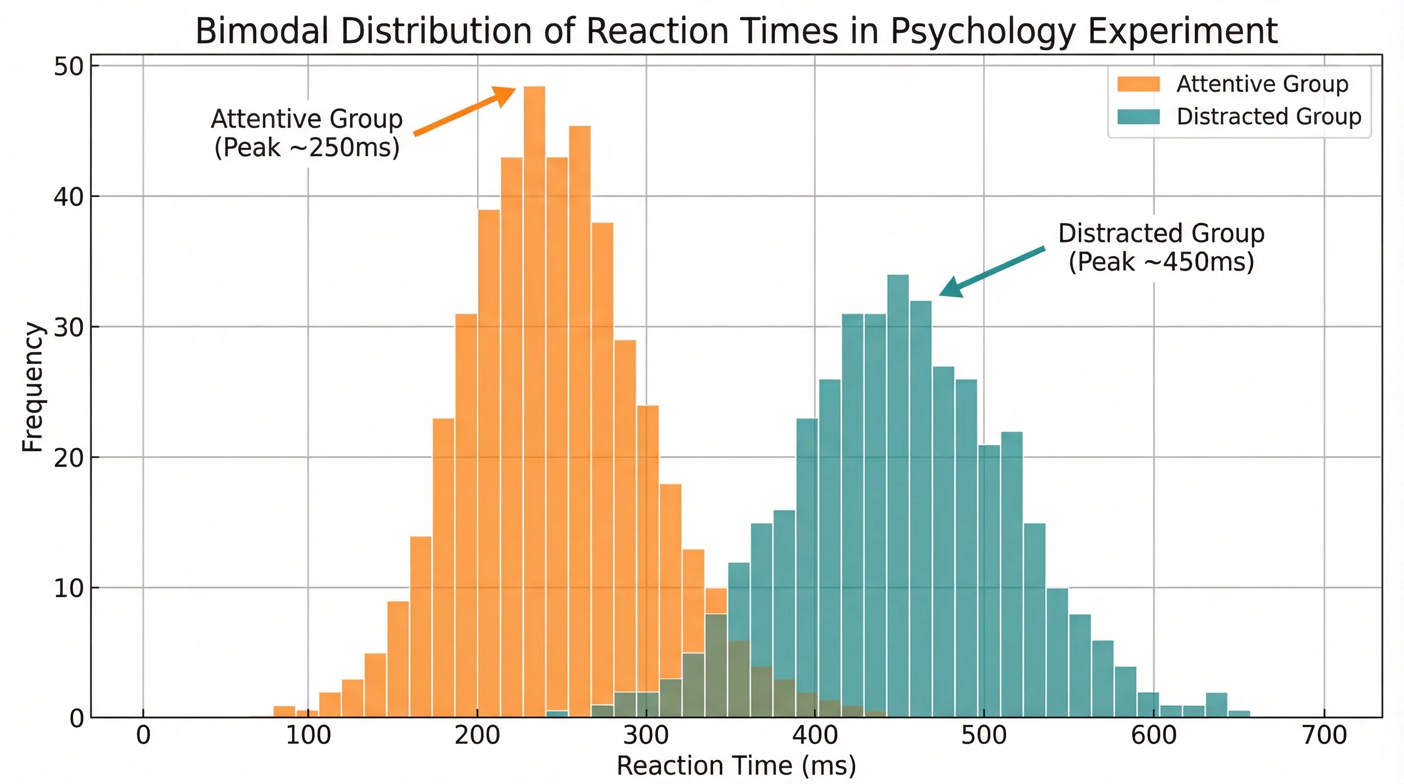 Histogram with two distinct peaks showing a bimodal distribution of reaction times in a psychology experiment.