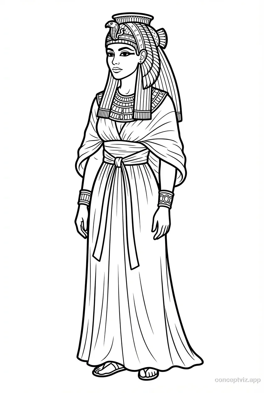 Black and white line art of Cleopatra, Queen of Egypt, designed as a coloring page worksheet for students learning about ancient history.