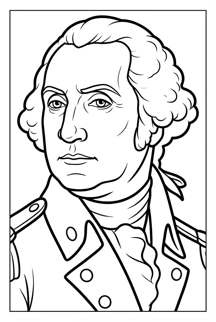George Washington, first President of the United States, black and white worksheet style illustration for American history coloring activities.