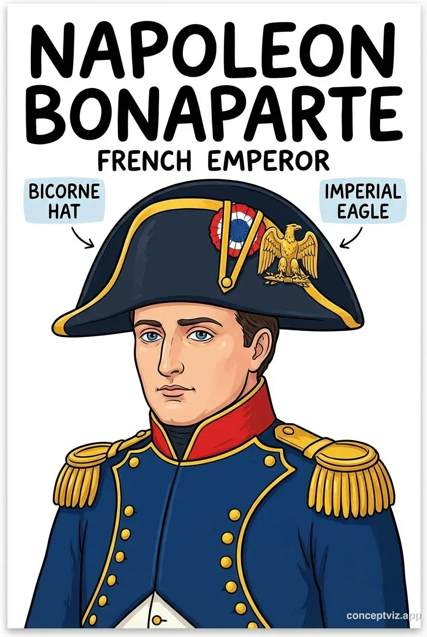 Colorful educational poster of Napoleon Bonaparte, French Emperor, in military uniform for European history classroom display.