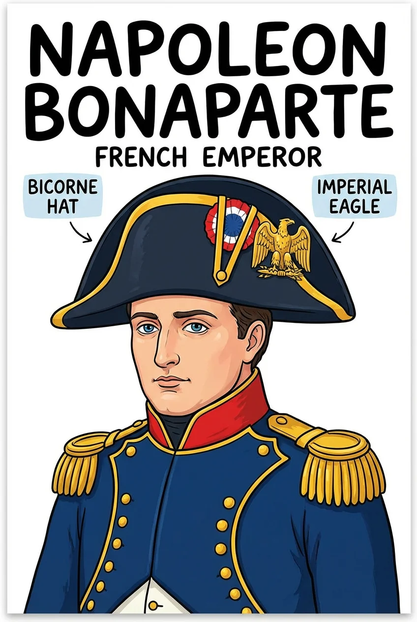Colorful educational poster of Napoleon Bonaparte, French Emperor, in military uniform for European history classroom display.