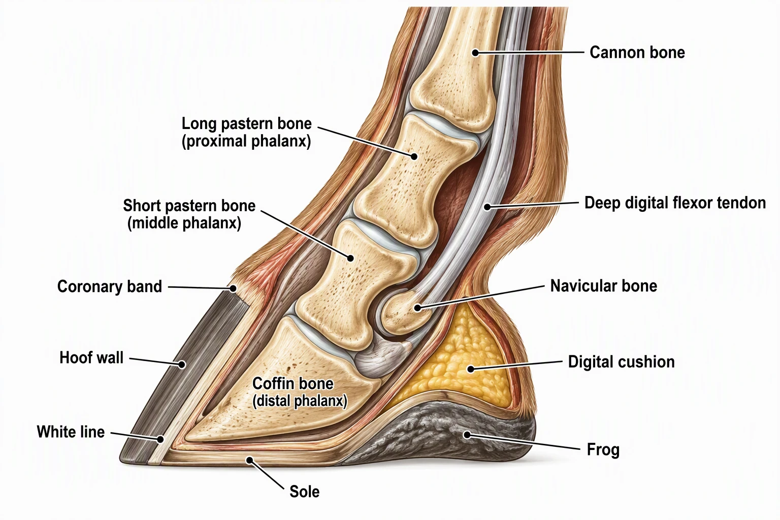 Labeled cross-section of a horse hoof and lower leg showing the cannon bone, long and short pastern bones, coffin bone, navicular bone, deep digital flexor tendon, hoof wall, white line, sole, frog, and digital cushion