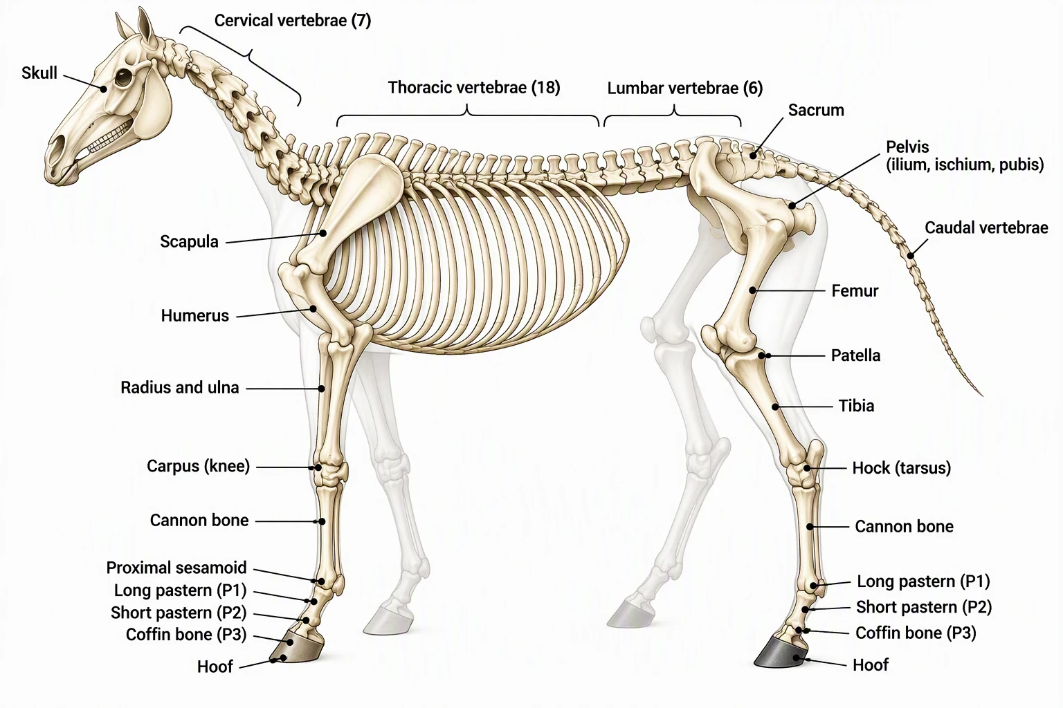 Labeled side view of a horse skeleton with 7 cervical, 18 thoracic, and 6 lumbar vertebrae, ribs, sacrum, tail vertebrae, and the bones of the forelimb and hind limb