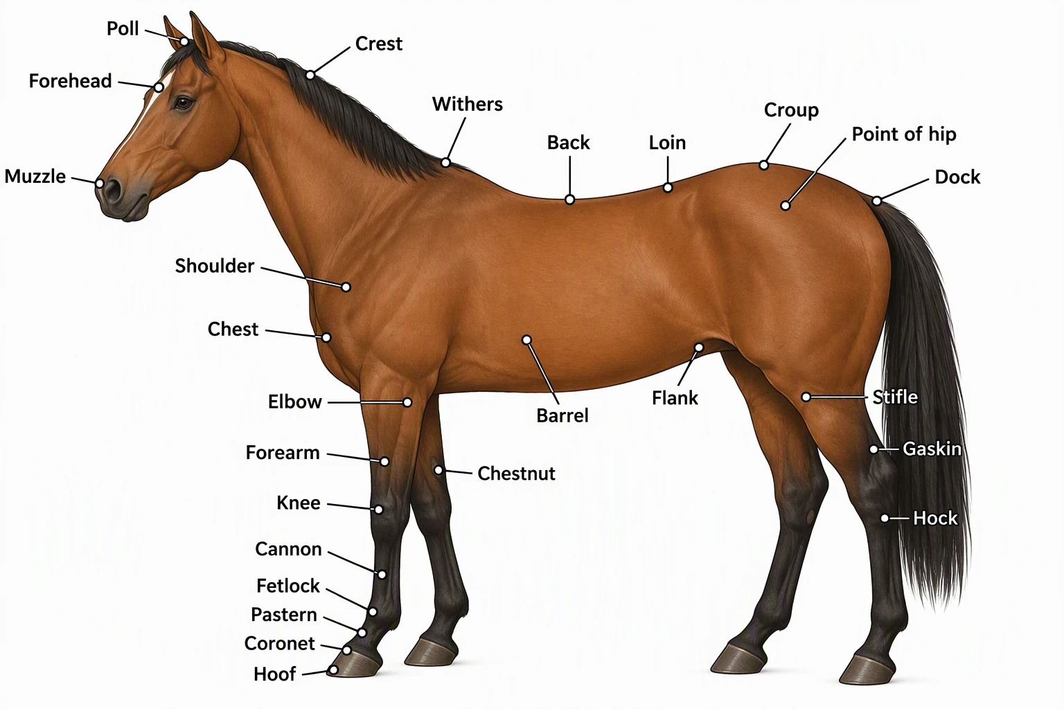 Labeled side view of a bay horse showing the poll, crest, withers, back, loin, croup, point of hip, dock, shoulder, barrel, flank, stifle, gaskin, hock, knee, cannon, fetlock, pastern, coronet, and hoof
