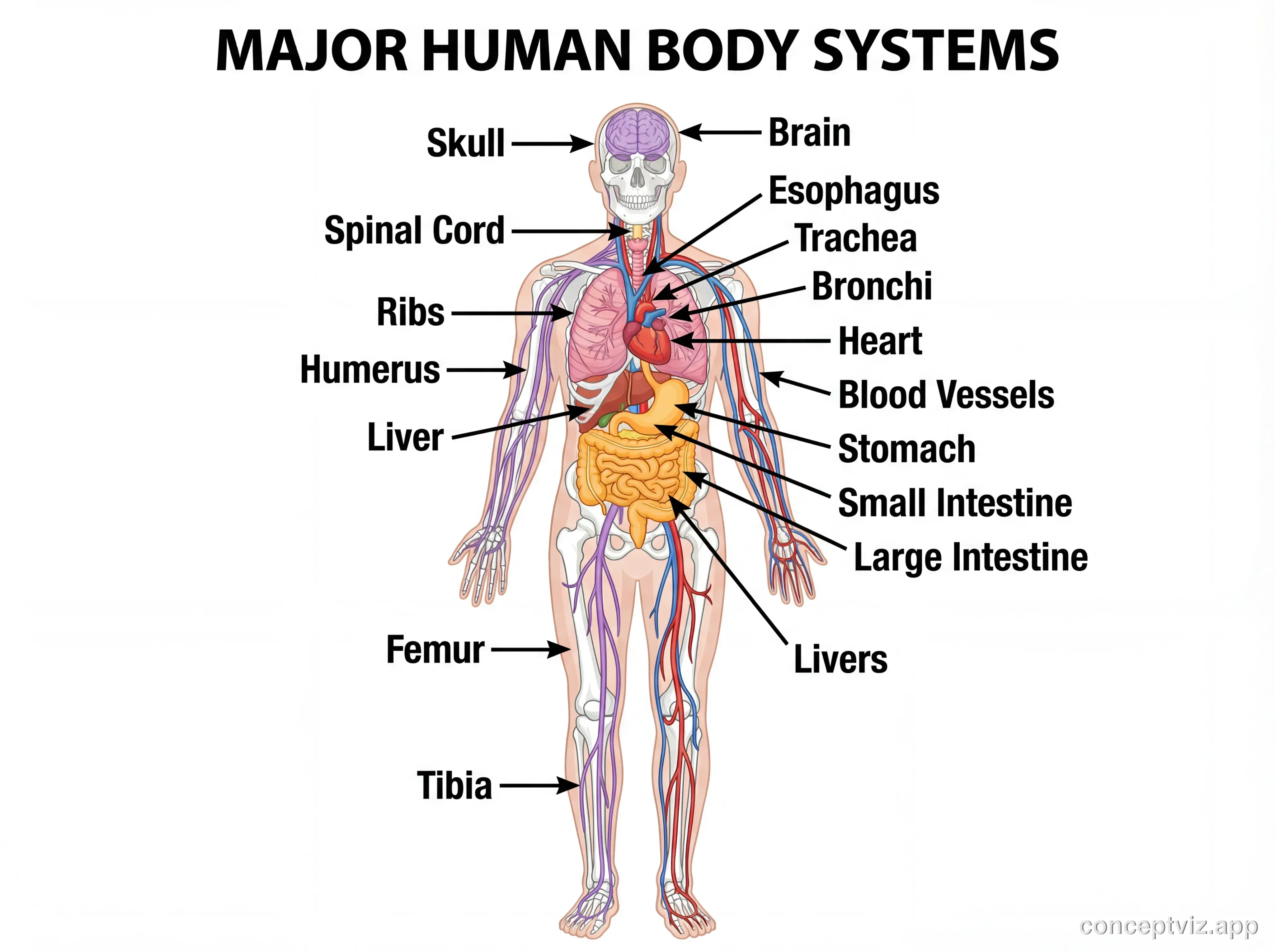 Complete human body systems overview diagram showing major organ systems including digestive, circulatory, respiratory, nervous, and skeletal systems with clear labels.