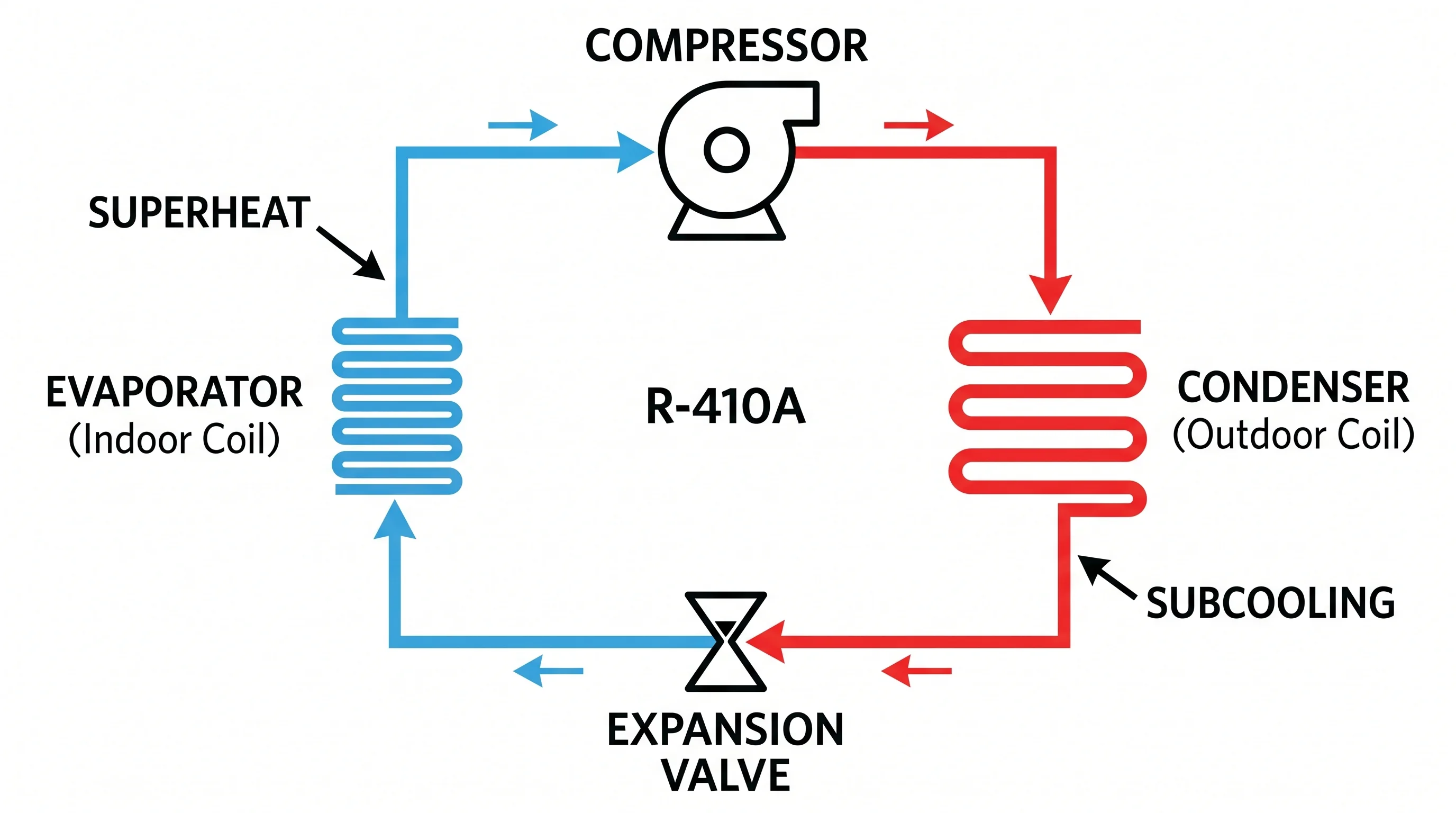 Heat-pump refrigerant cycle diagram with compressor, condenser, expansion valve, and evaporator, using red high-pressure and blue low-pressure lines