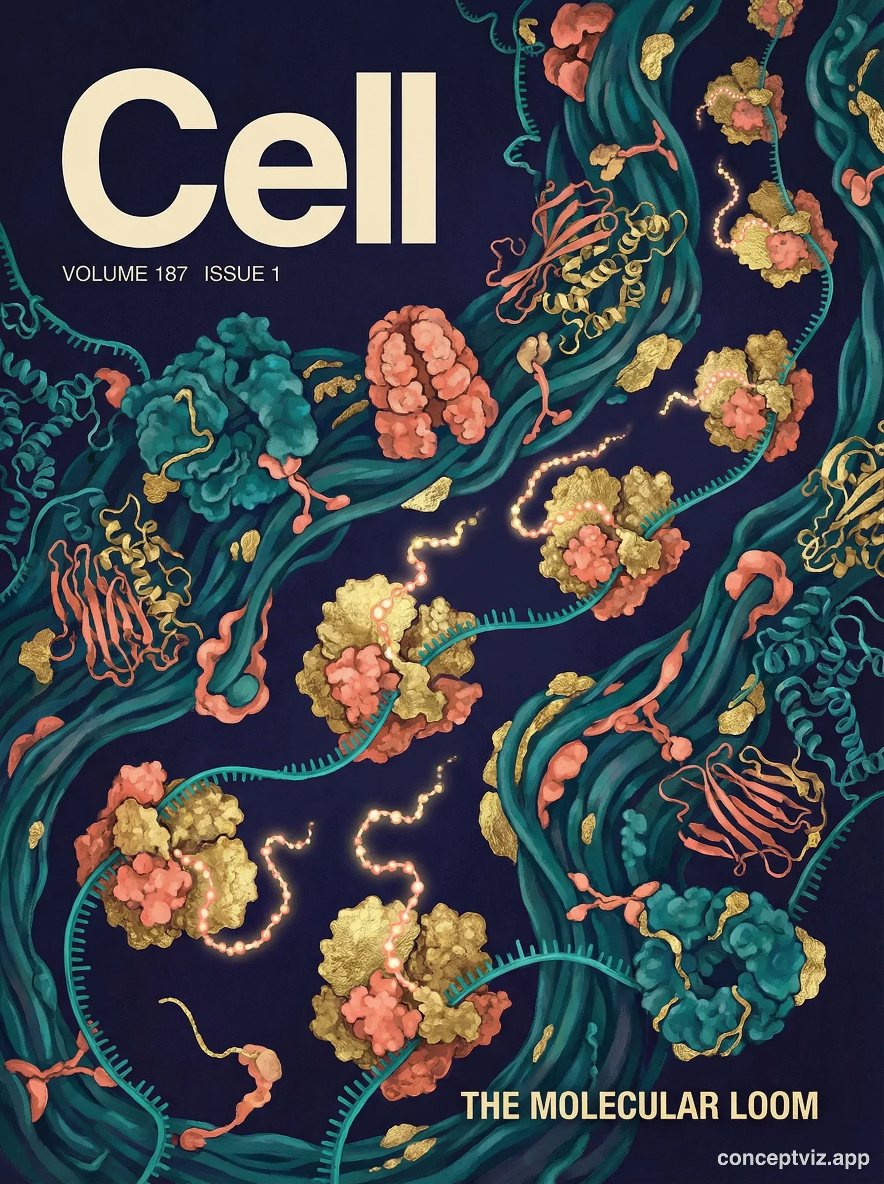 Scientific journal cover in Cell style featuring molecular biology visualization.