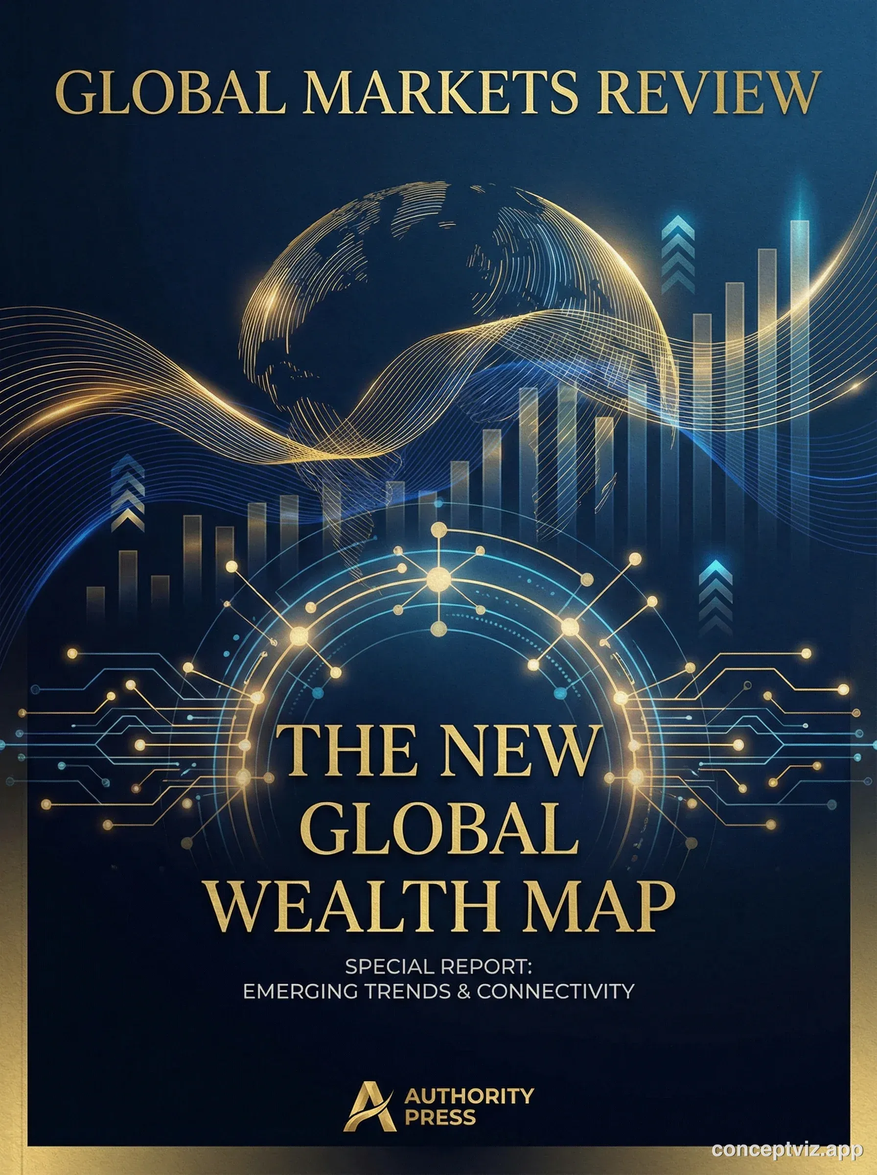 Professional finance magazine cover with global markets theme.