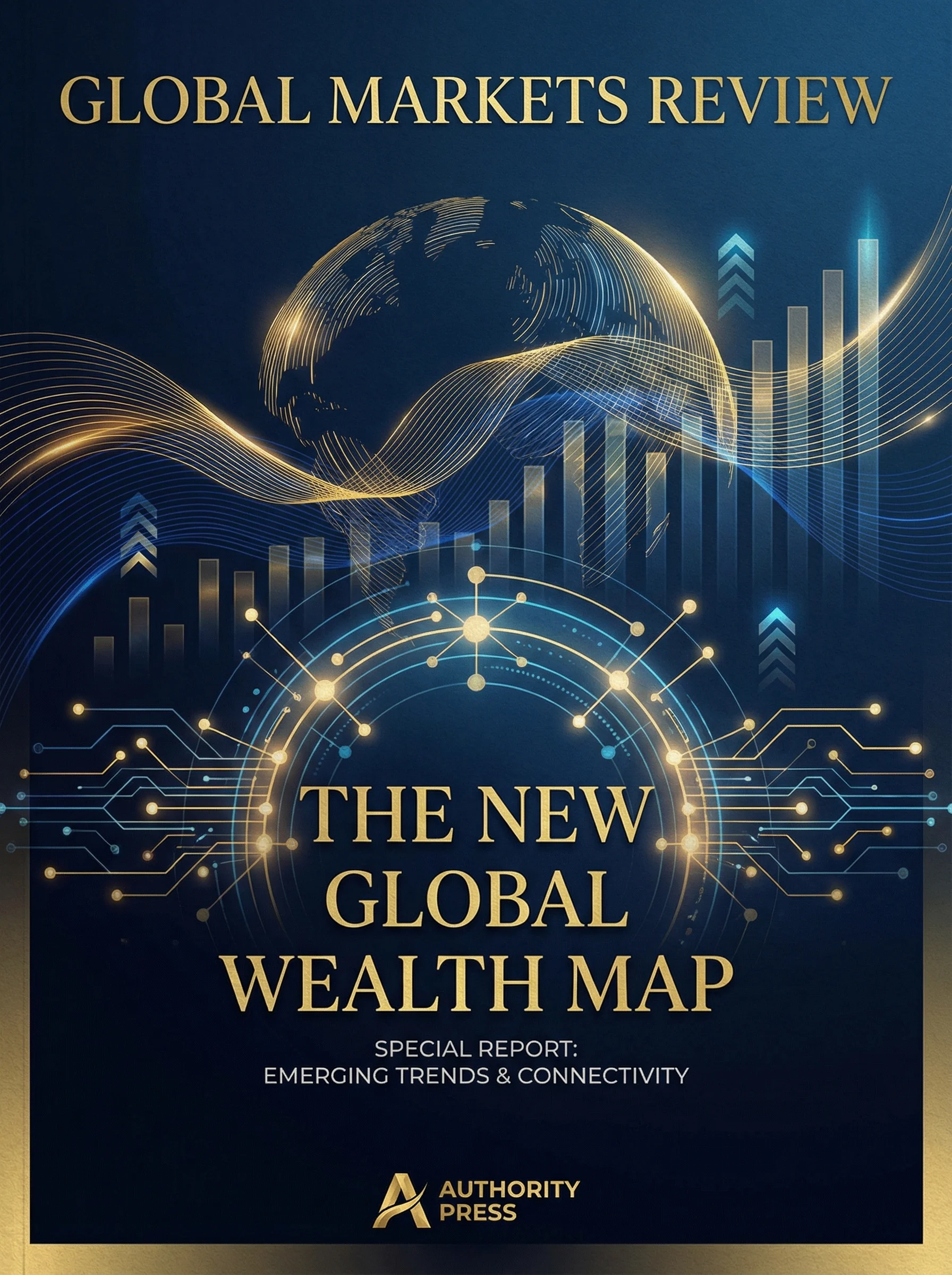 Professional finance magazine cover with global markets theme.