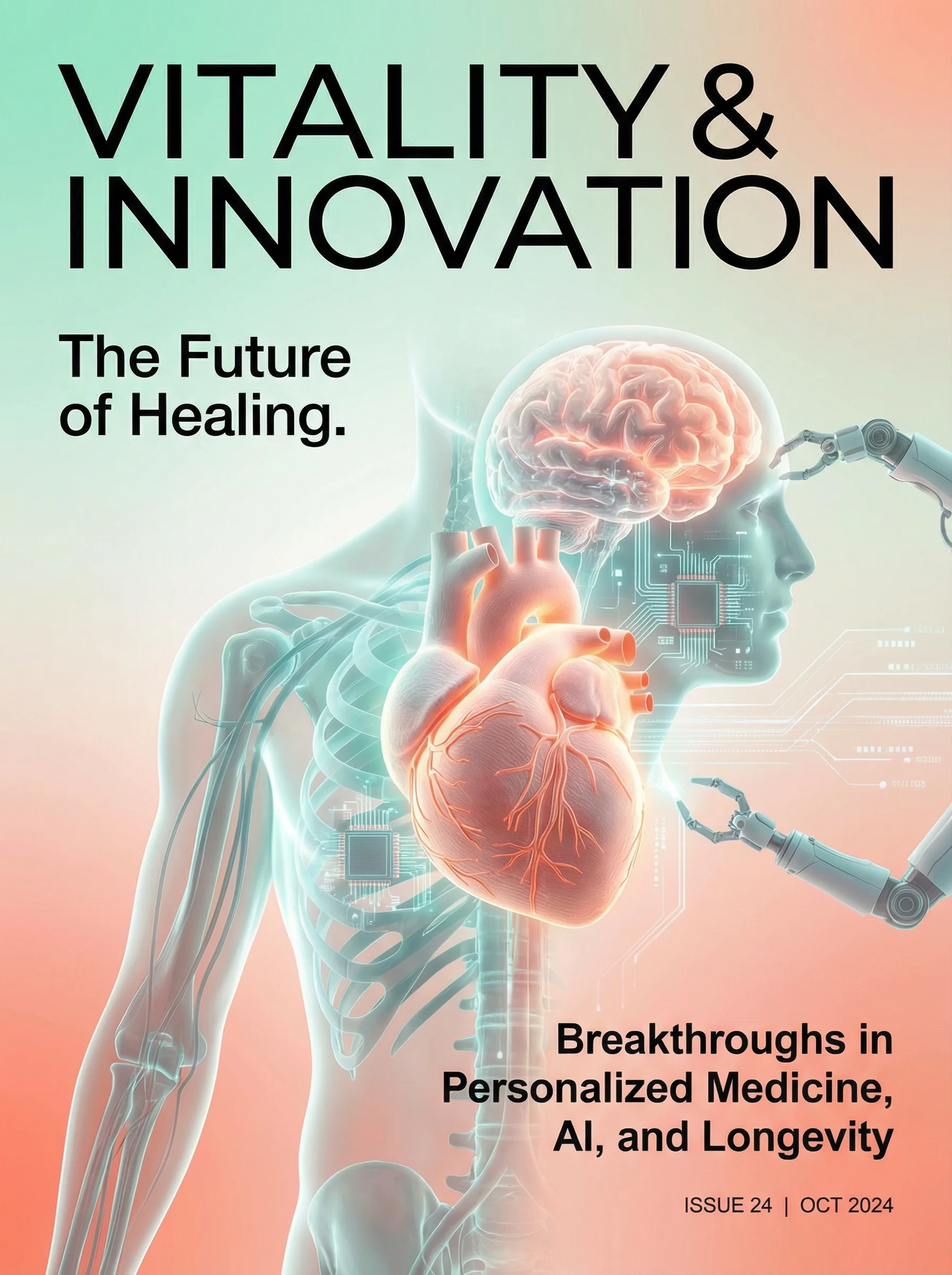 Health and wellness magazine cover with medical innovation theme.