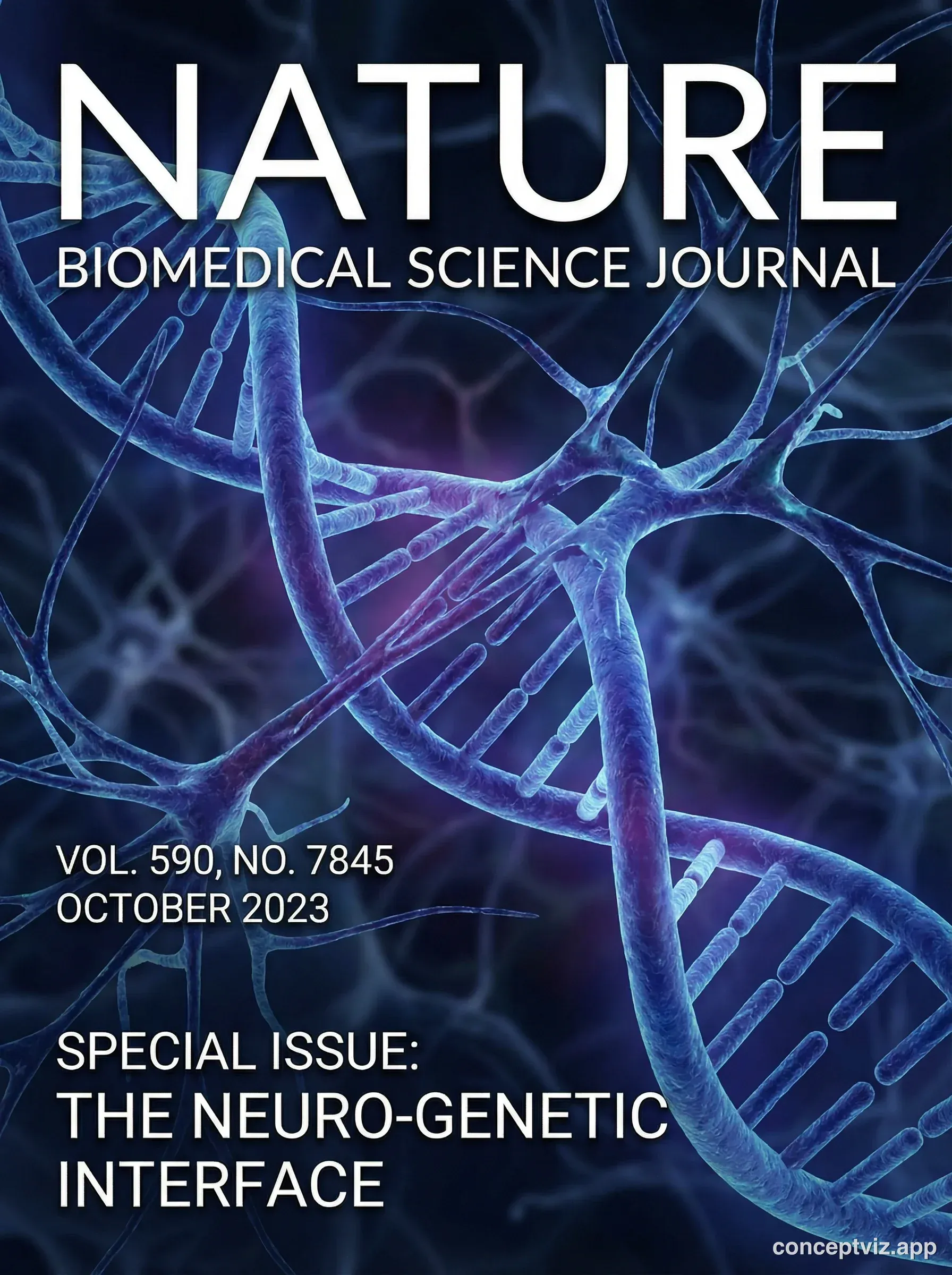 Scientific journal cover in Nature style featuring biomedical research visualization.