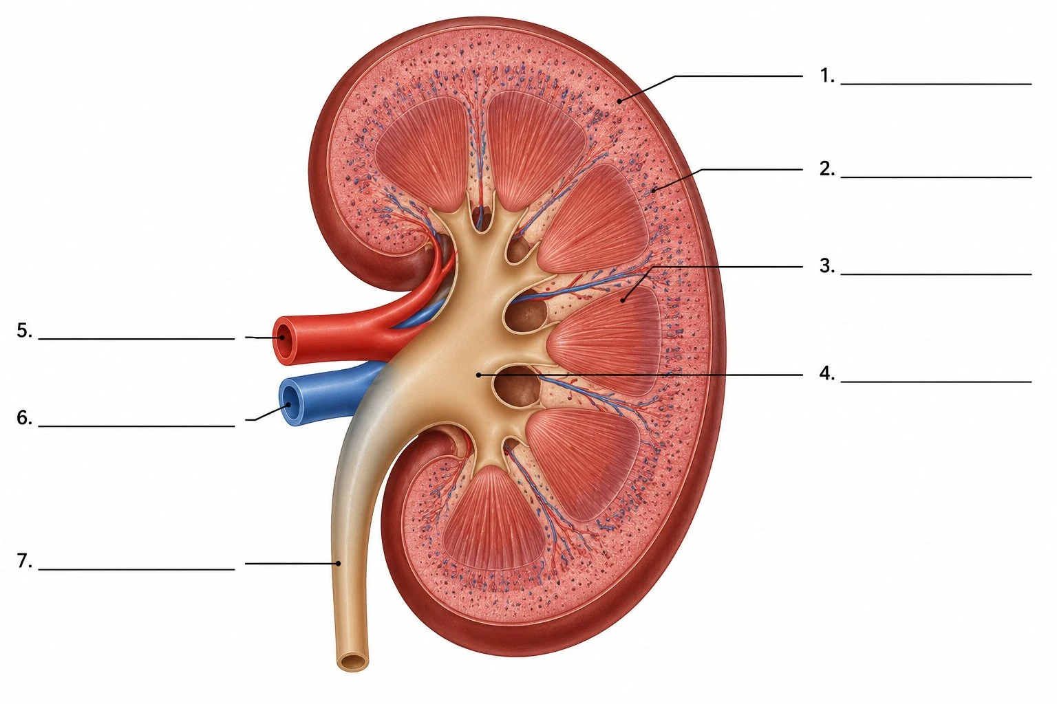 Blank kidney cross-section diagram with leader lines and numbered blanks for students to fill in