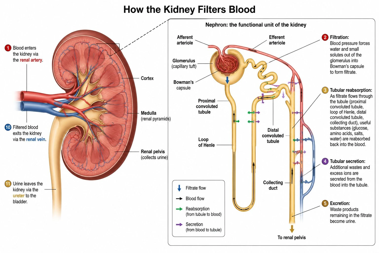 Diagram showing how the kidney filters blood: blood entering via the renal artery, filtration in the nephrons, and urine exiting through the ureter