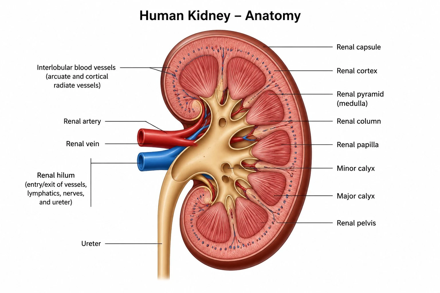 Diagram showing the kidney's position in the urinary system with the kidneys, ureters, bladder, and urethra labeled