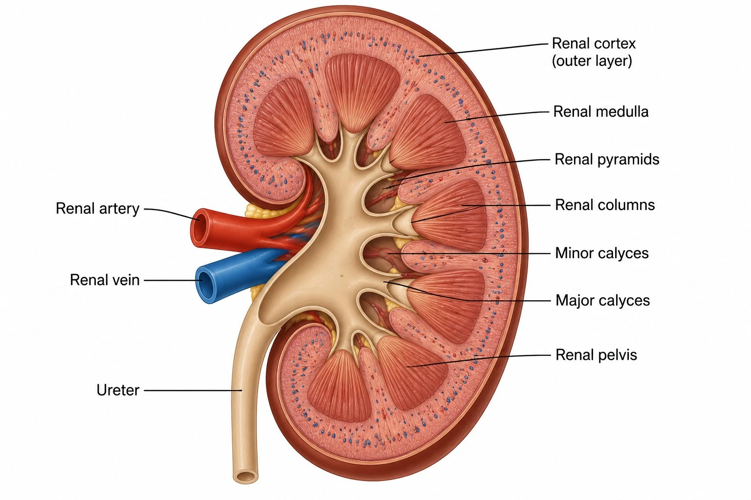 Labeled cross-section of the human kidney showing the renal cortex, medulla, renal pyramids, renal pelvis, renal artery, renal vein, and ureter