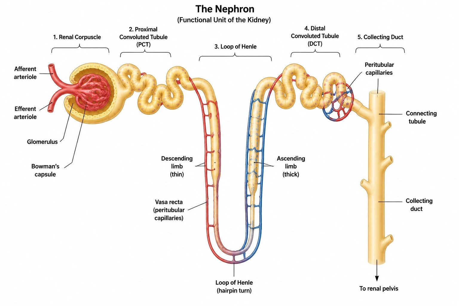 A close-up labeled diagram of a nephron showing the glomerulus, Bowman's capsule, loop of Henle, and collecting duct