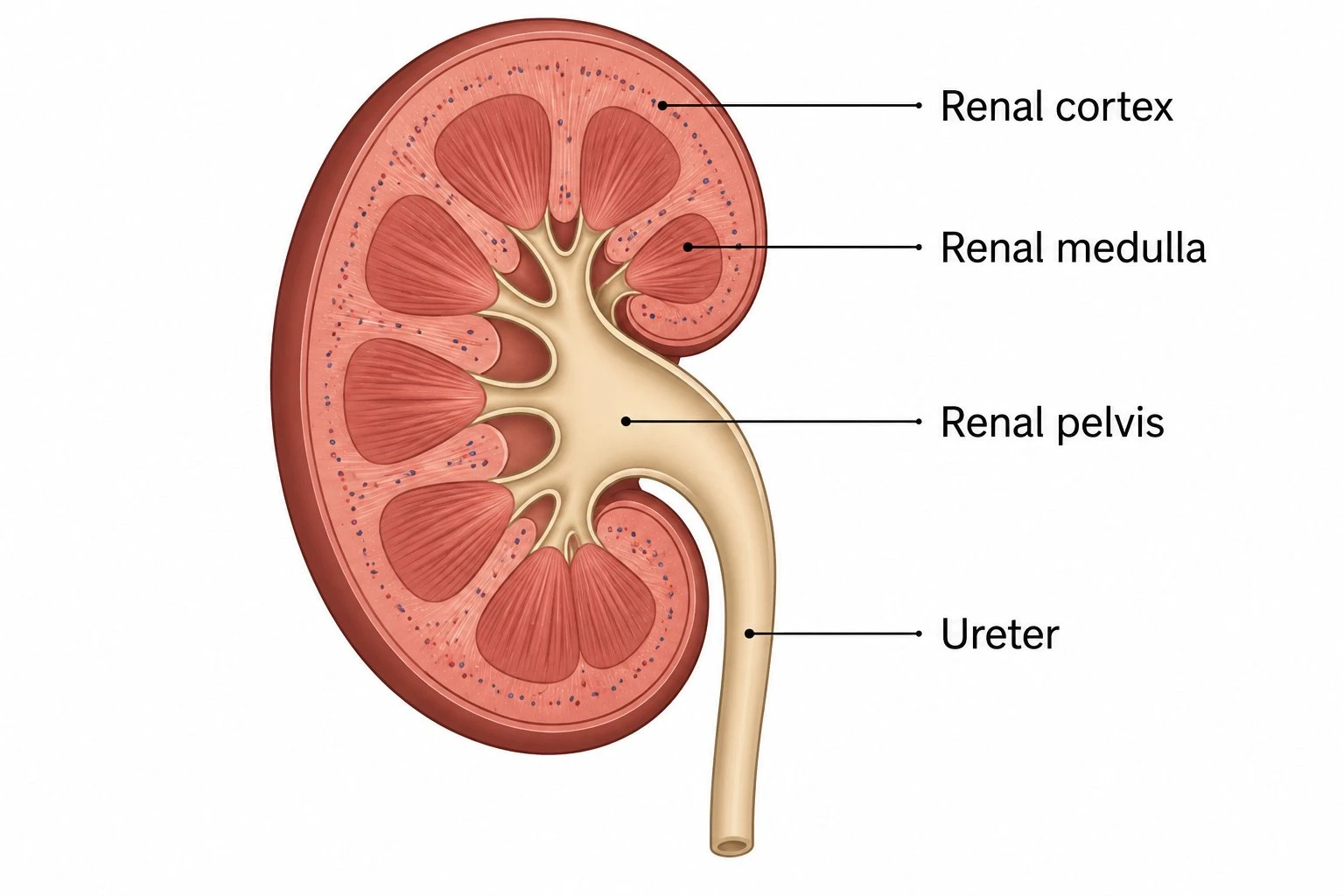 A simplified kidney diagram with the renal cortex, medulla, renal pelvis, and ureter labeled