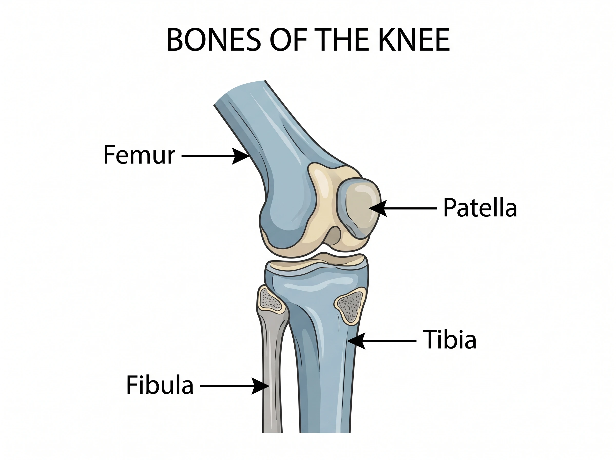 Diagram of the bones of the knee: femur, tibia, fibula, and patella, labeled