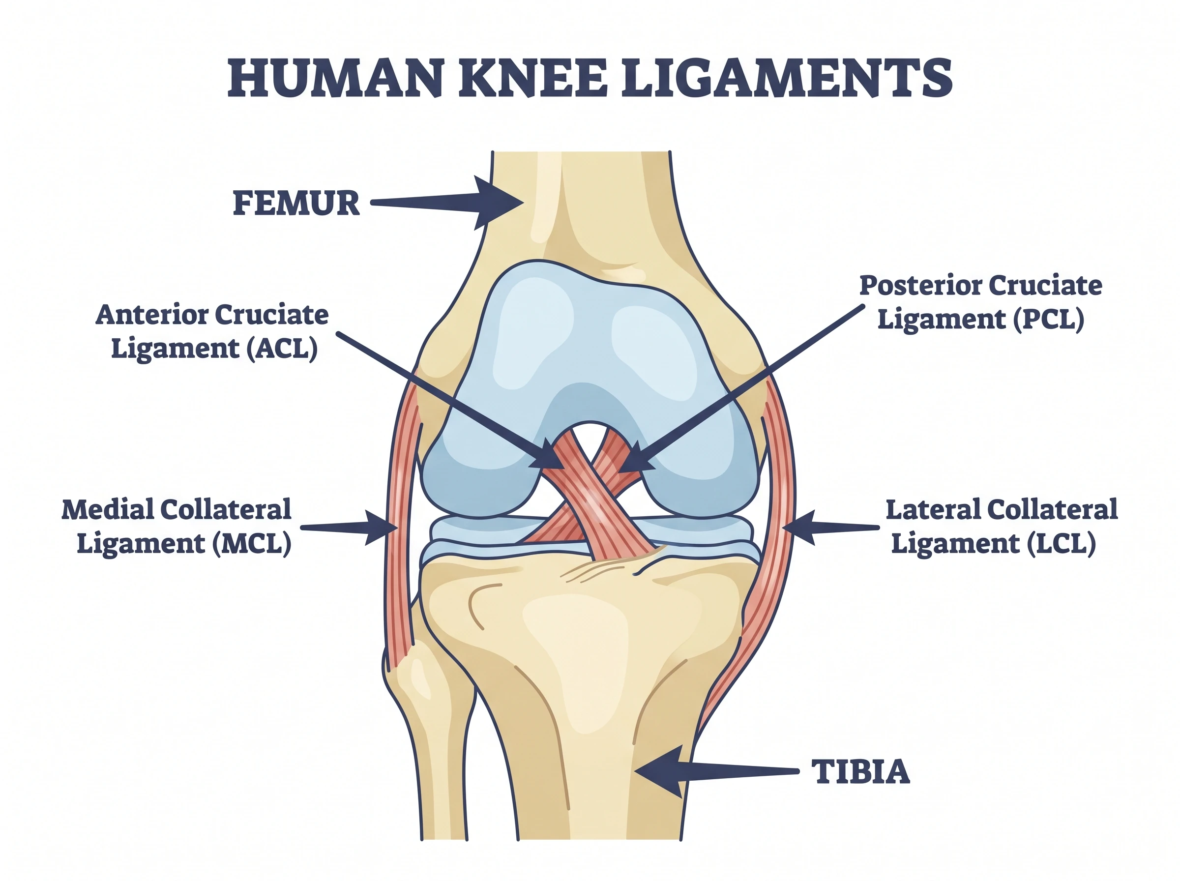Diagram of the four knee ligaments — ACL, PCL, MCL, and LCL — connecting the femur and tibia