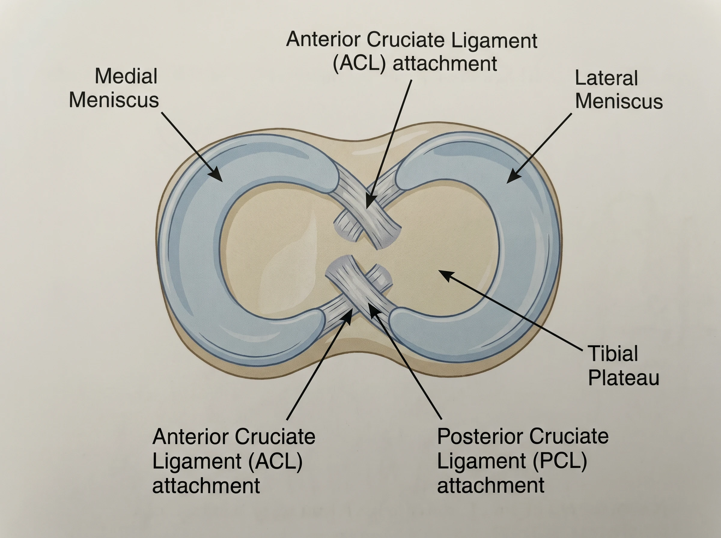 Top-down view of the tibial plateau showing the medial and lateral menisci and ligament attachments