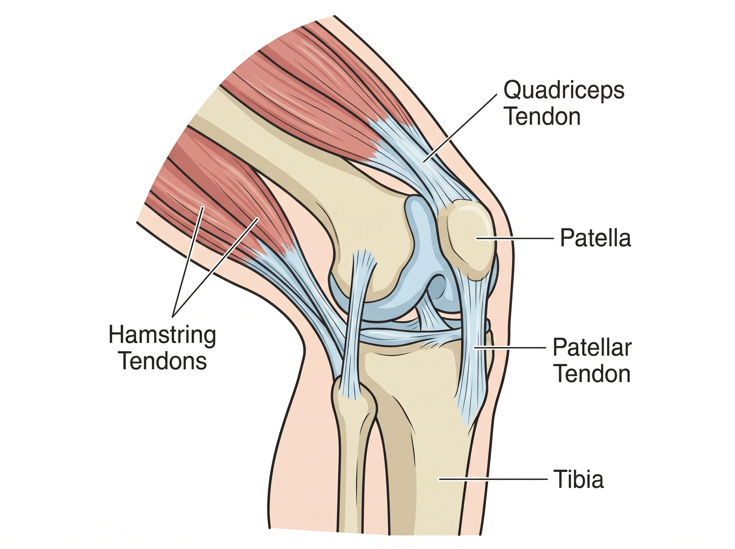 Diagram of the muscles and tendons around the knee: quadriceps, patellar tendon, and hamstrings
