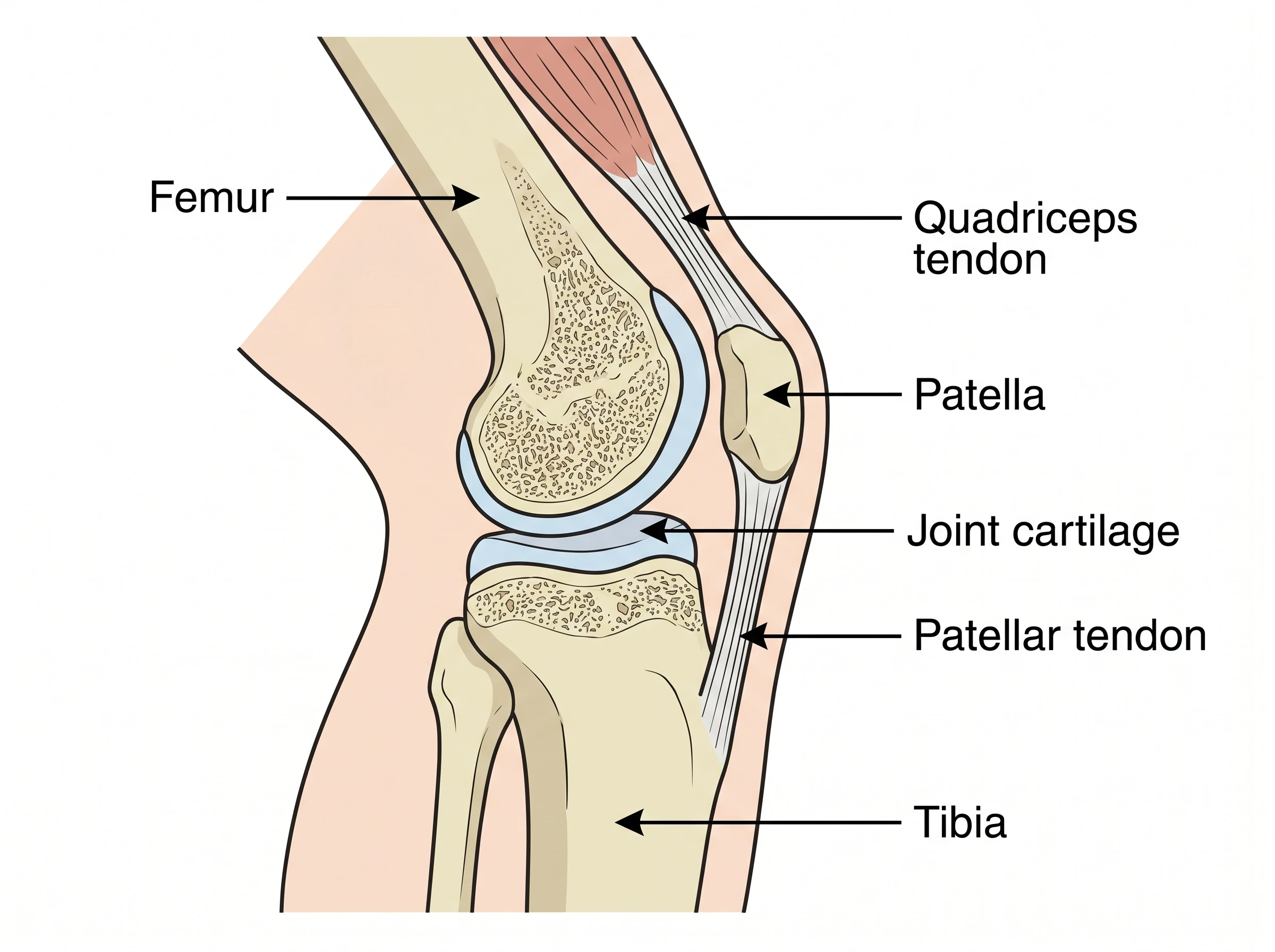 A side view of the knee joint showing the femur, tibia, patella, patellar tendon, and quadriceps tendon