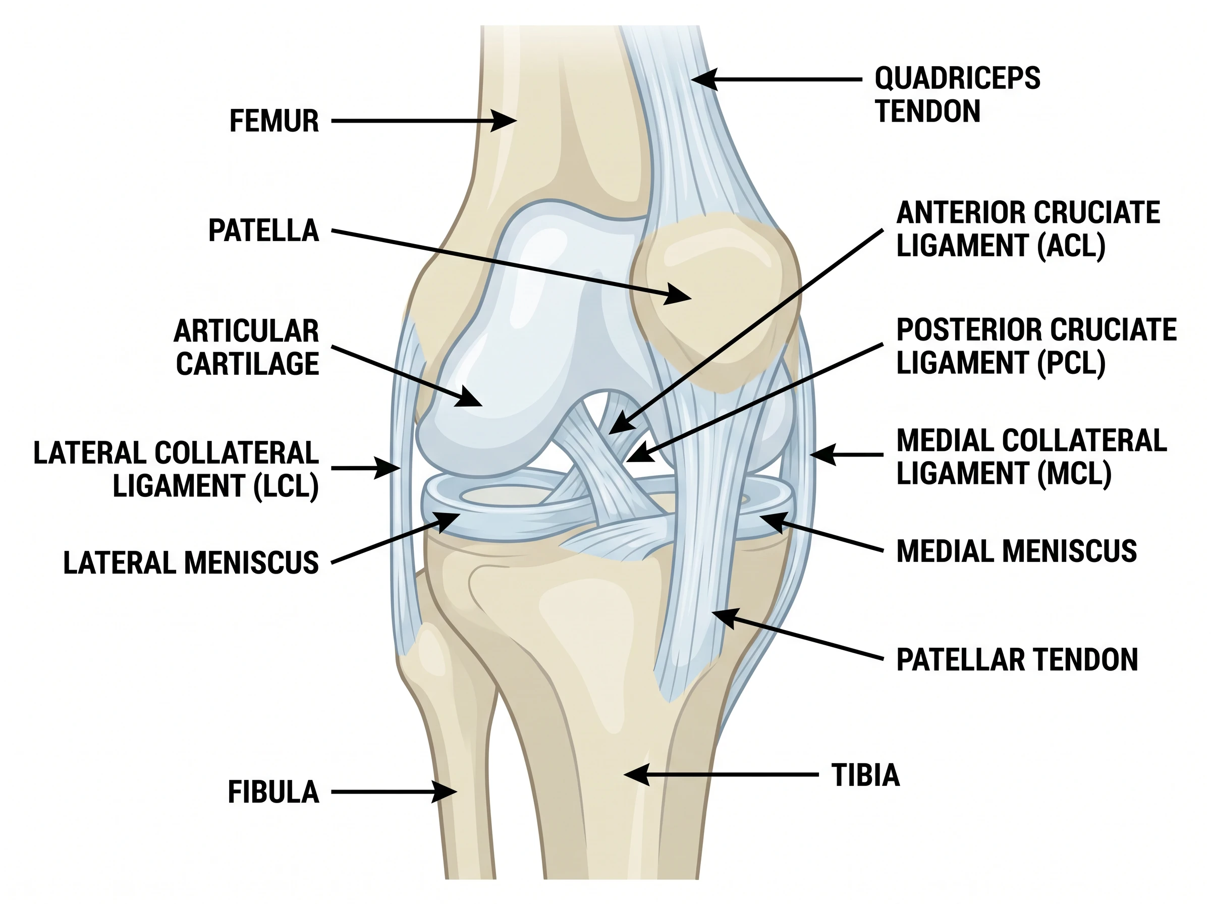 Labeled front cutaway of the knee joint showing femur, tibia, patella, ACL, PCL, MCL, LCL, menisci, and tendons