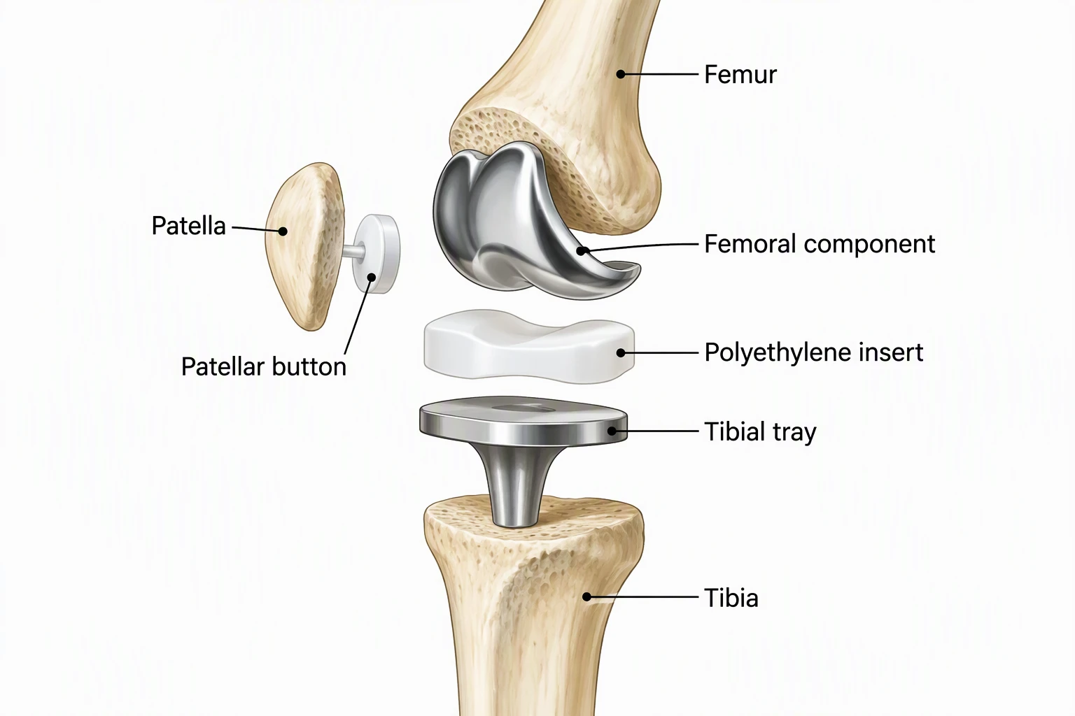 AI-generated exploded view of a total knee replacement: femoral component, polyethylene insert, tibial tray and patellar button, with femur, tibia and patella labeled