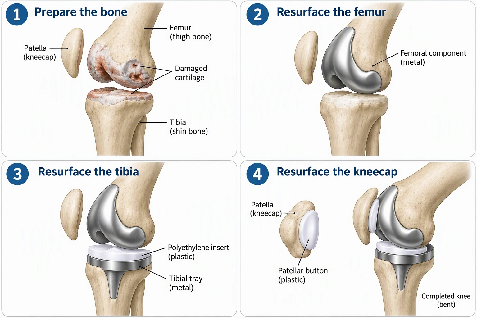 AI-generated four panel overview of total knee replacement on a bone model: prepare the bone, resurface the femur, resurface the tibia, resurface the kneecap