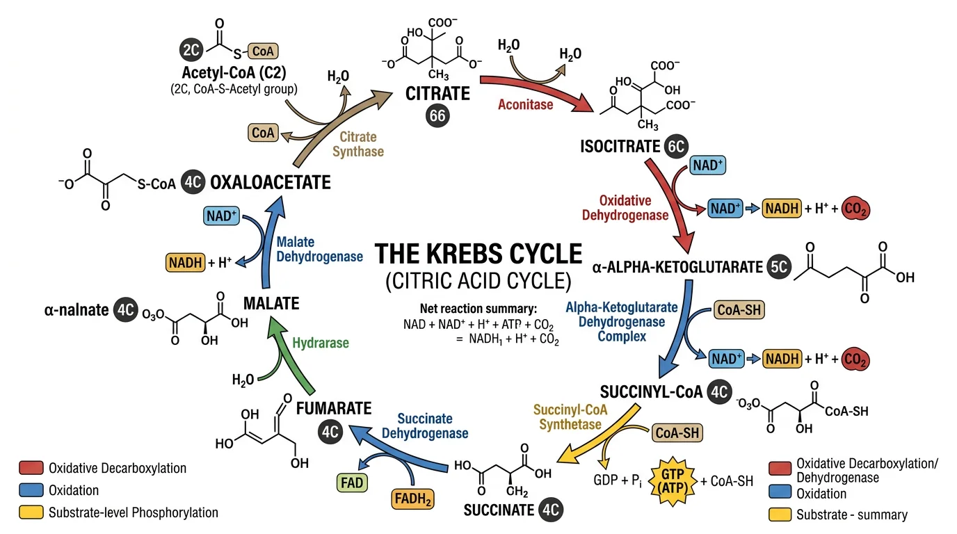 Fully labeled Krebs cycle diagram showing all 8 steps with substrates, products, enzymes, and cofactors in a circular pathway.