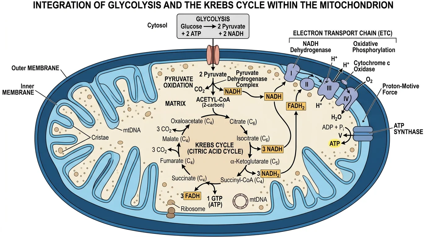 Krebs cycle shown within the mitochondrial matrix, connected to the electron transport chain in the inner membrane.