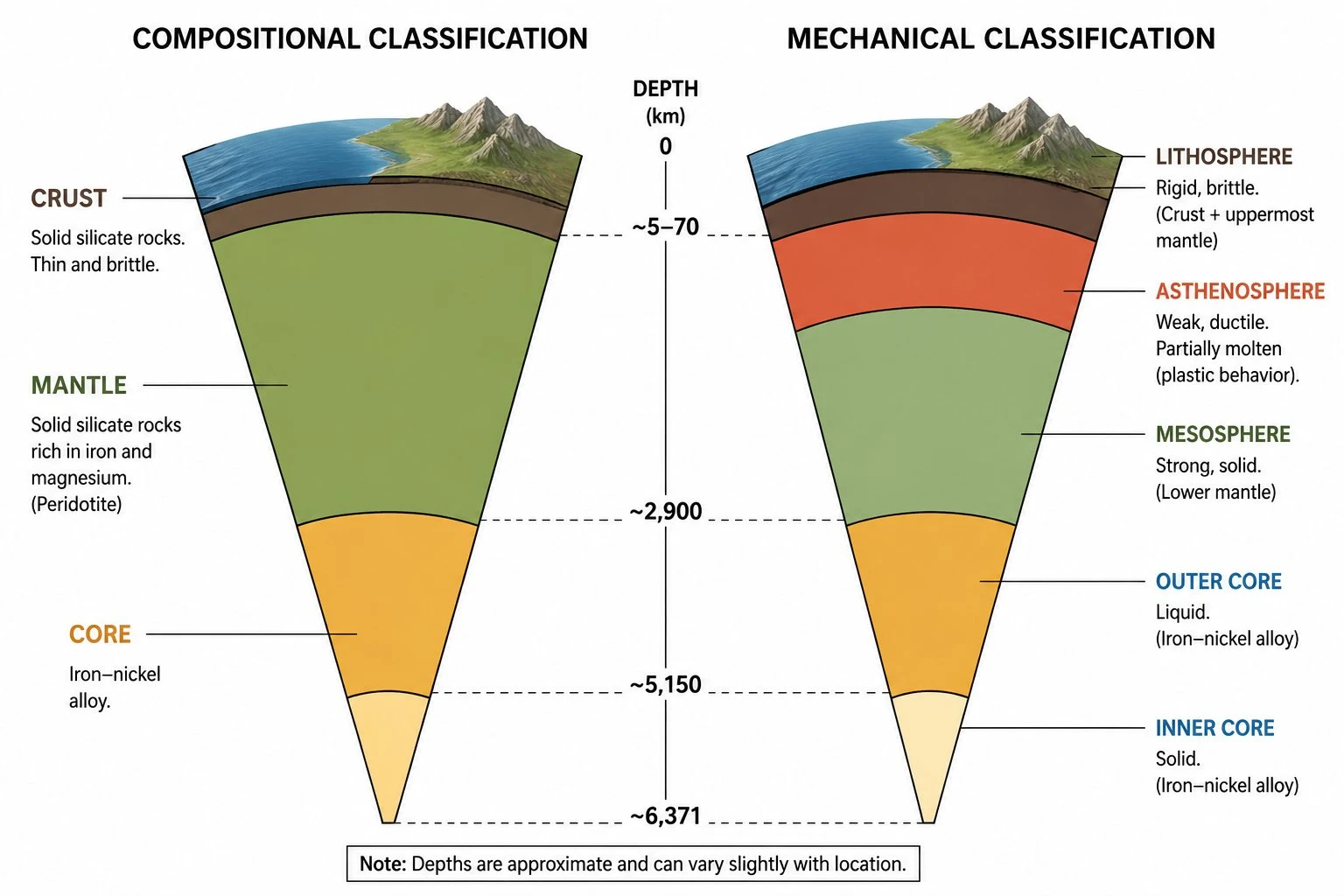 Comparison diagram showing Earth's compositional layers on the left and mechanical layers on the right, with matching depth boundaries indicated