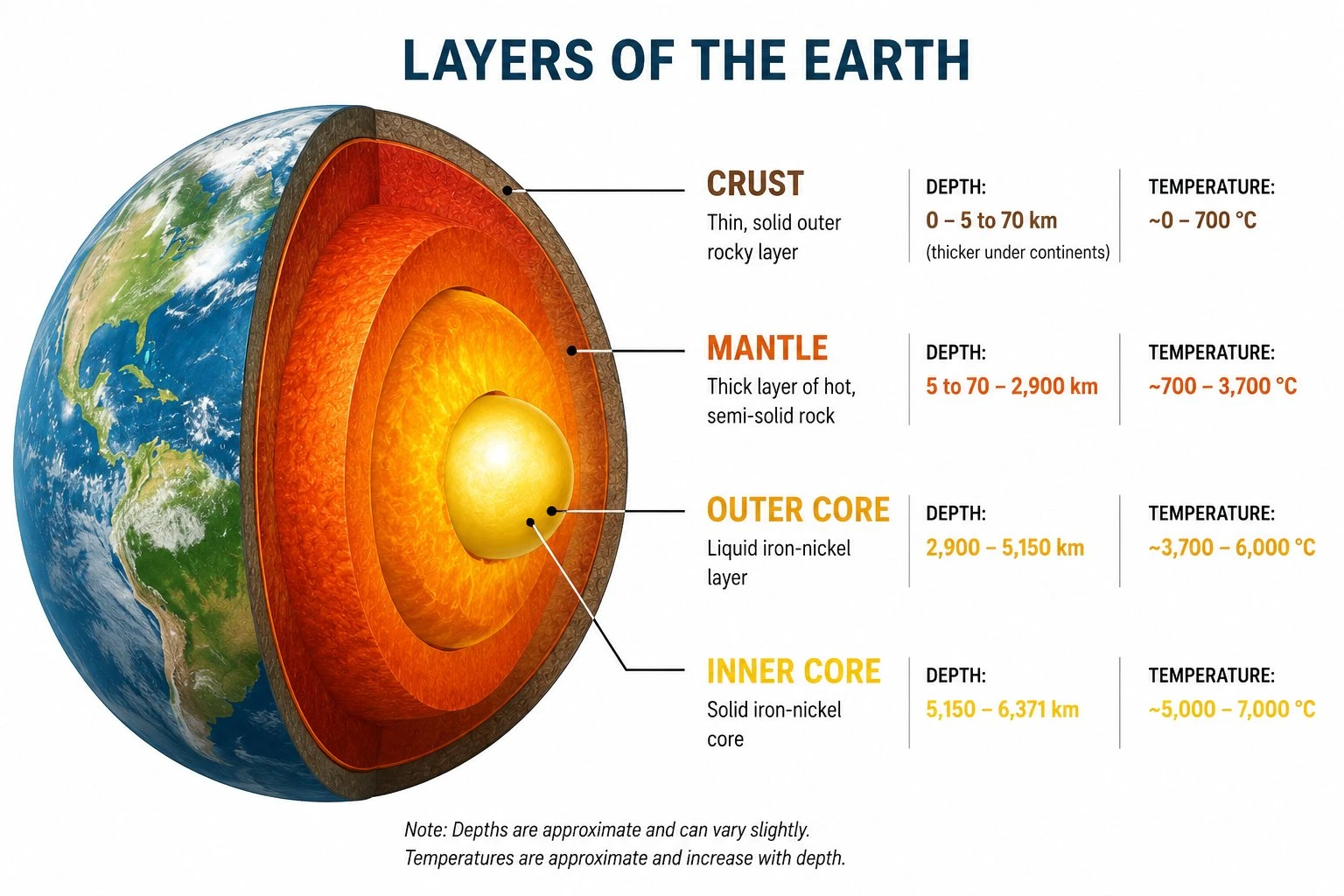 Earth layers diagram with temperature values and depth ranges labeled for each layer: crust, mantle, outer core, and inner core