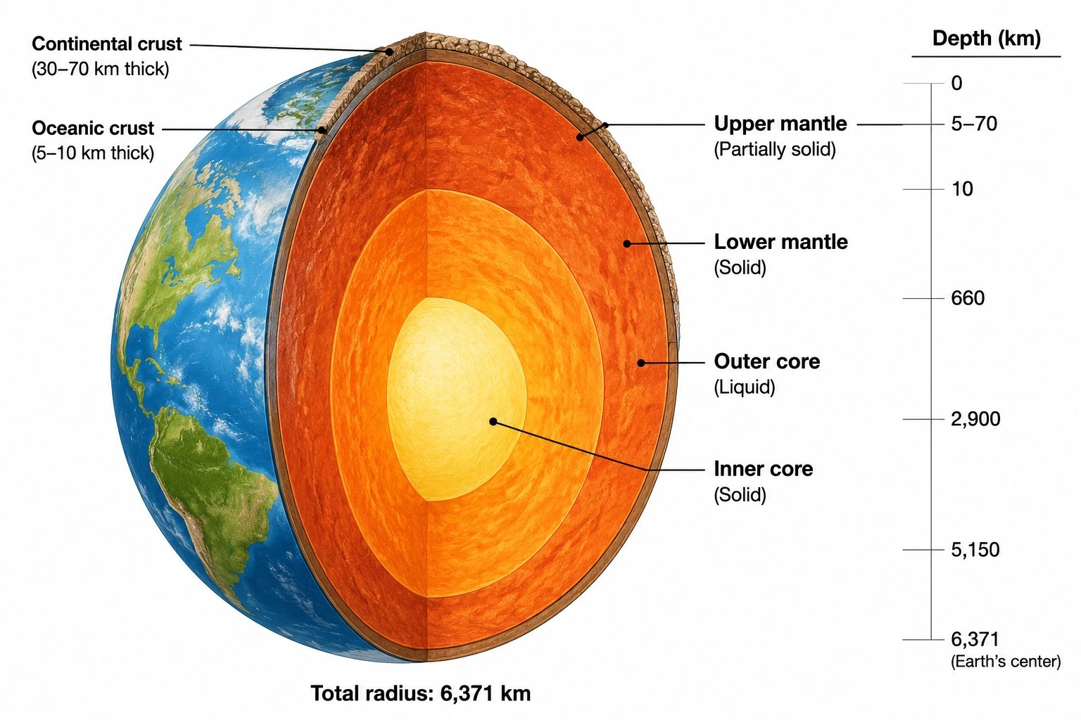 Labeled cross-section of Earth's internal structure showing the continental crust, oceanic crust, upper mantle, lower mantle, outer core, and inner core with depth labels
