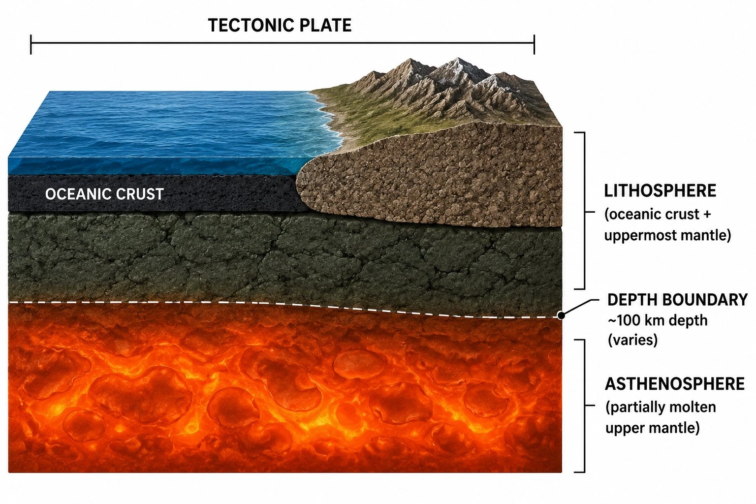 Close-up cross-section of the lithosphere and asthenosphere showing the rigid oceanic and continental tectonic plates floating on the partially molten asthenosphere below