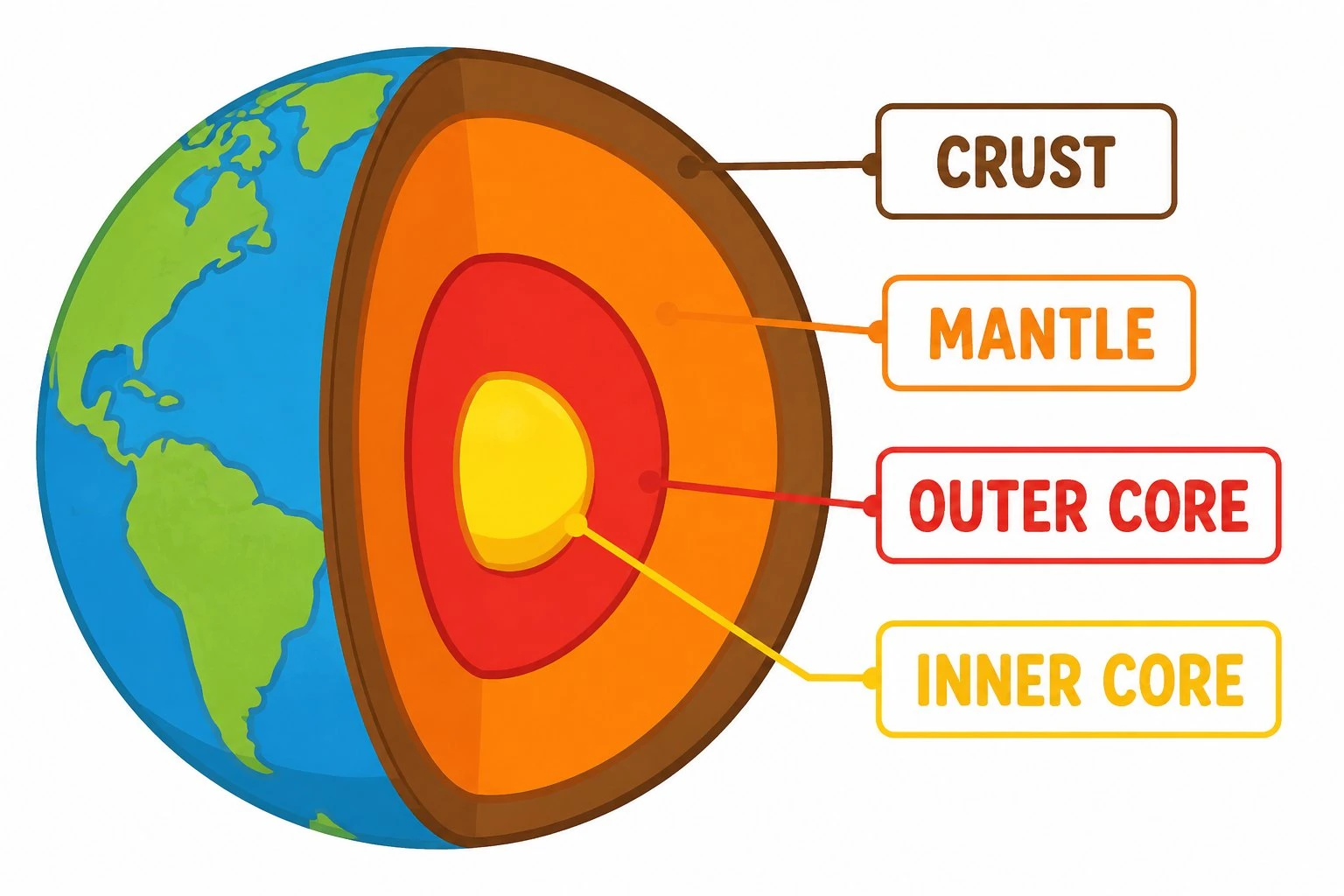 Simple colorful layers of the earth diagram for younger students with large labels for the crust, mantle, outer core, and inner core