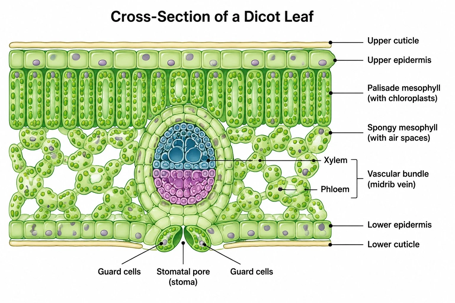 Labeled cross-section of a leaf showing the cuticle, upper epidermis, palisade mesophyll, spongy mesophyll, lower epidermis, stomata, guard cells, and vascular bundle
