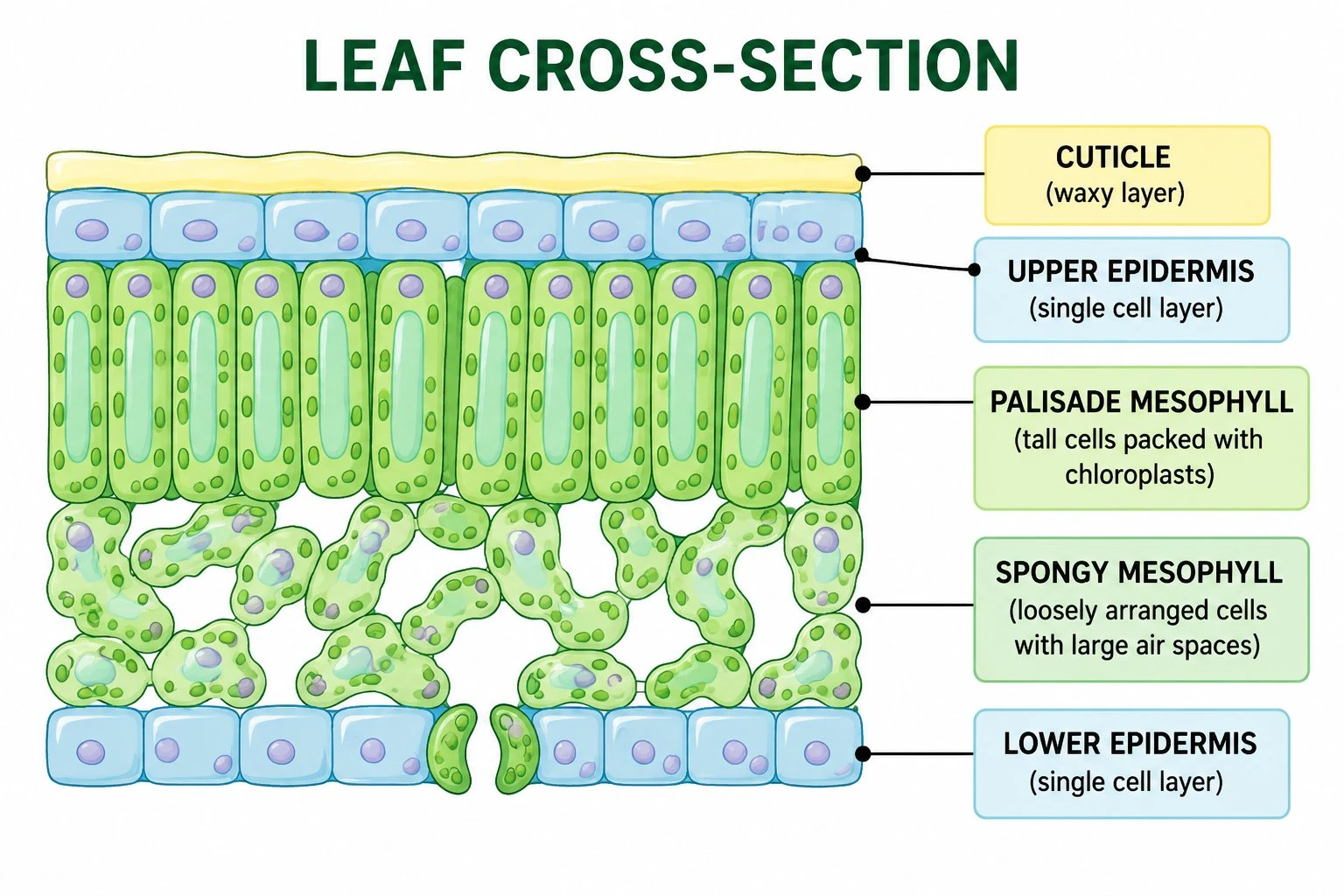 Color-coded diagram of leaf tissue layers: cuticle, upper epidermis, palisade mesophyll, spongy mesophyll, and lower epidermis