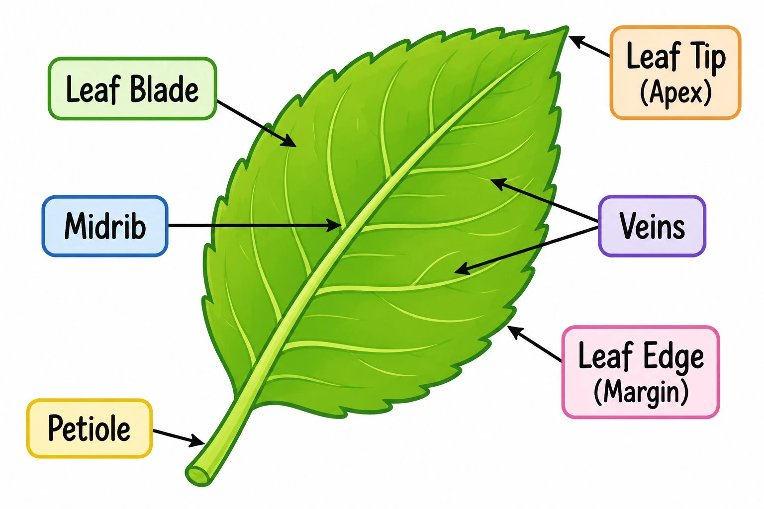 Simple cartoon leaf diagram for elementary students with the blade, midrib, veins, petiole, apex, and margin labeled