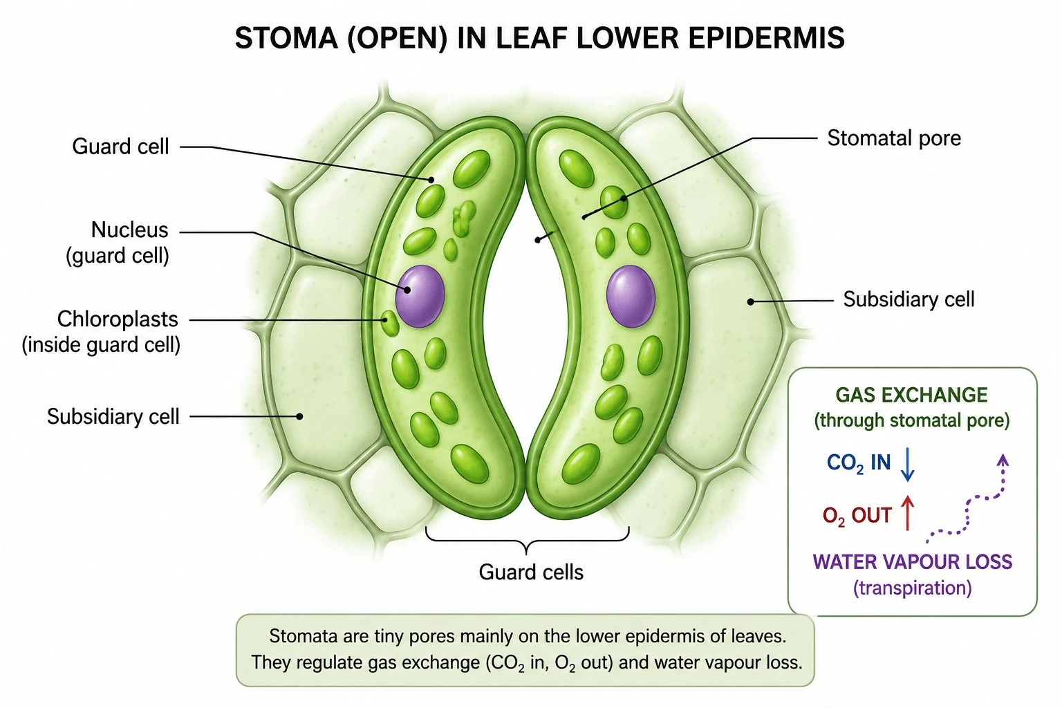 Close-up labeled diagram of a stoma and its two guard cells in the leaf epidermis, showing the pore, chloroplasts, and gas exchange