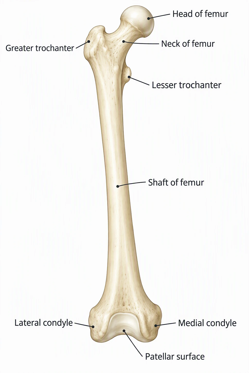 Anterior femur labeled Head of femur, Neck of femur, Greater trochanter, Lesser trochanter, Shaft of femur, Lateral condyle, Medial condyle, and Patellar surface